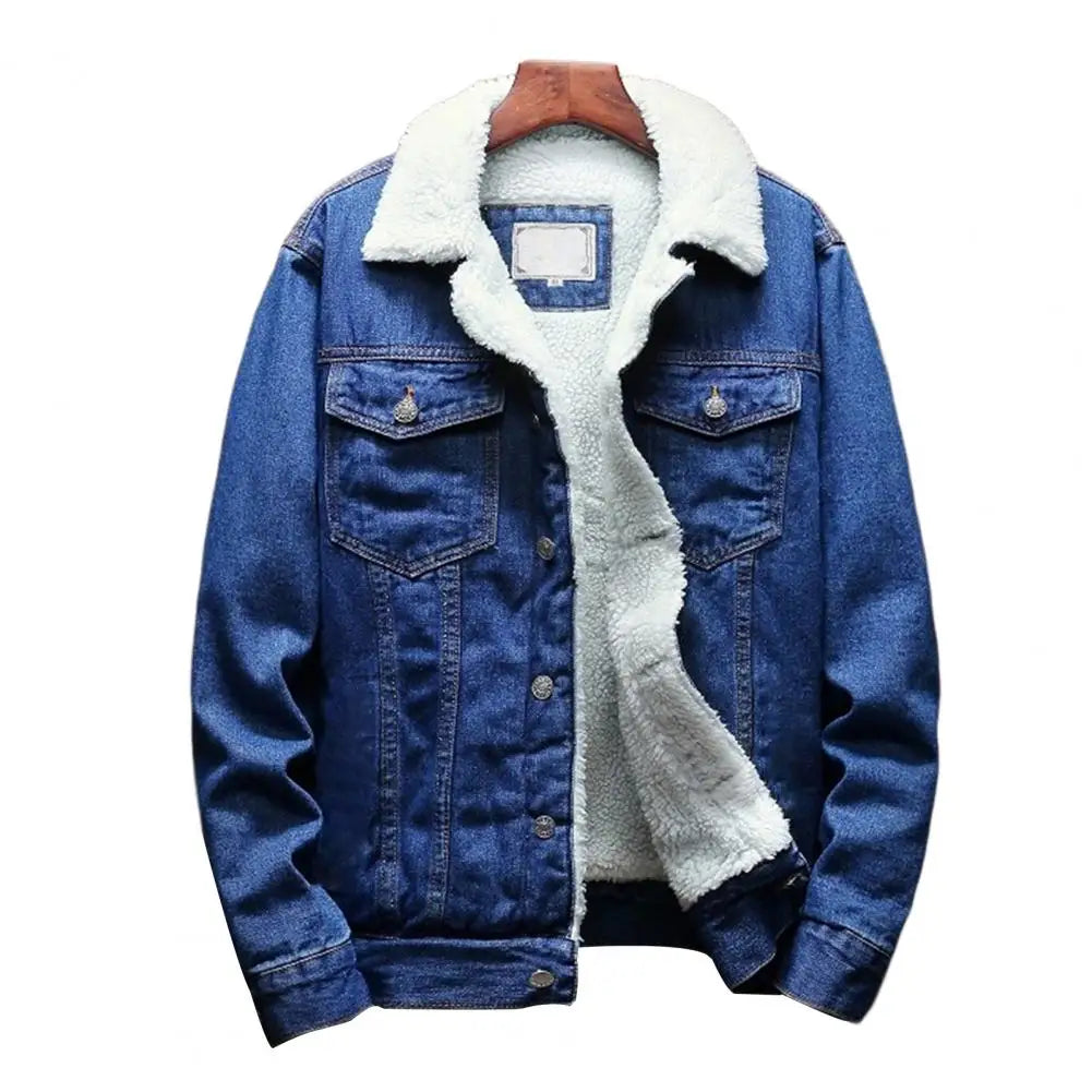 Men Jean Jacket Thicken Lamb Cashmere Lining Solid