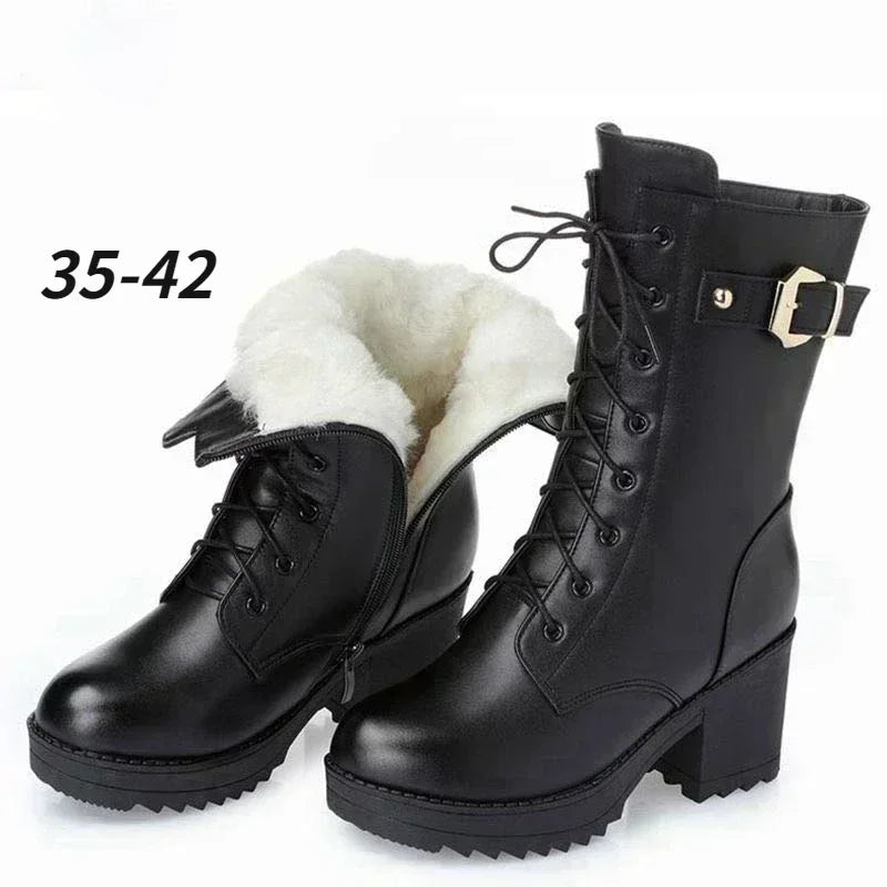 2023 Winter Leather Women Winter Boots Thick Wool