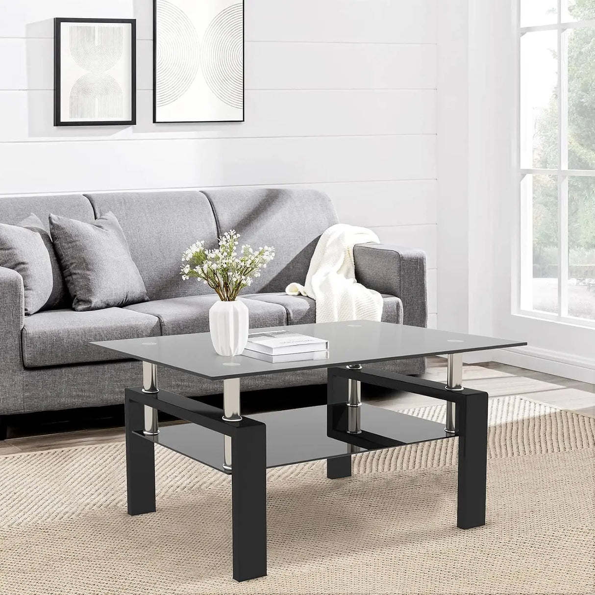 Rectangle Glass Coffee Table-Modern Center Side Coffee Table