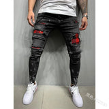 White Embroidery Jeans Men Cotton Stretchy Ripped Skinny