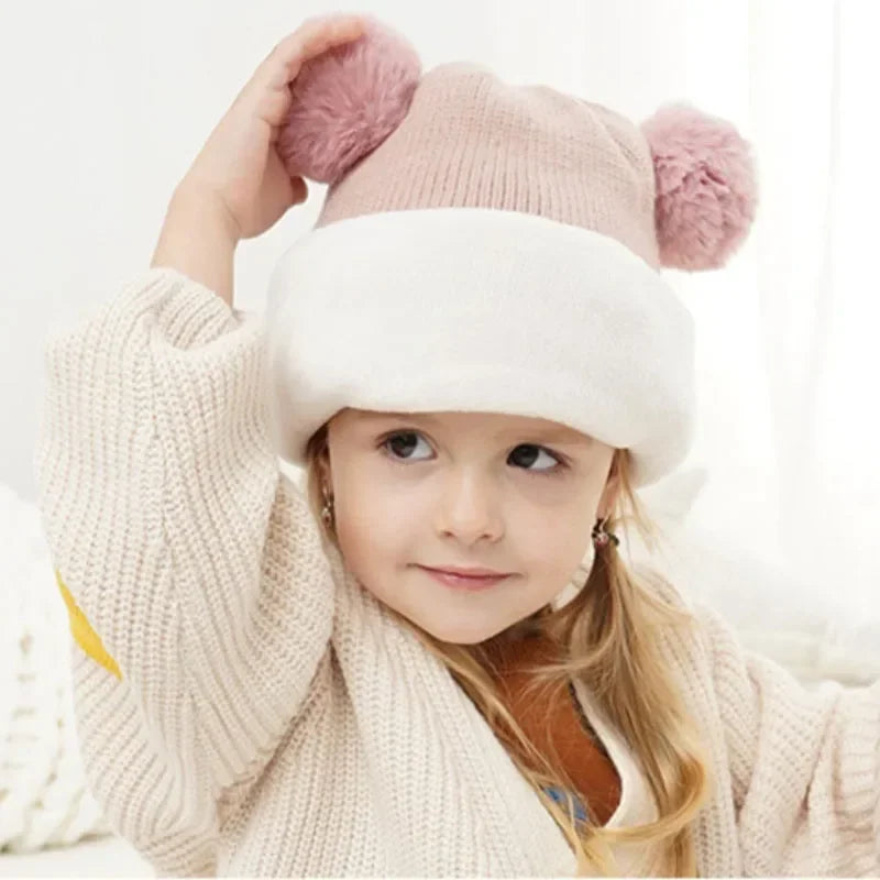 1-7Y Winter Baby Hat Scarf One-Piece Pompom Knit