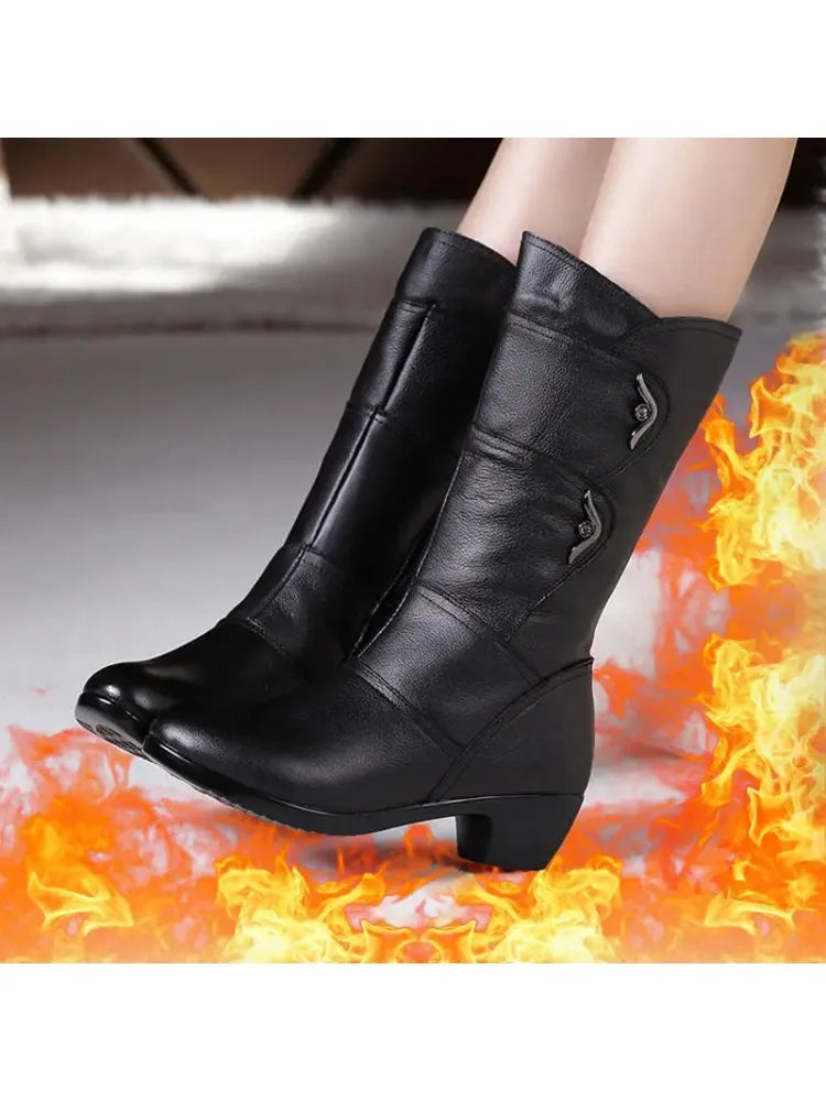 2023 Winter Leather Women Winter Boots Thick Wool