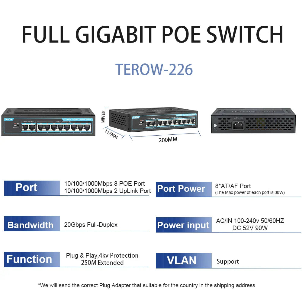 TEROW POE Switch 10 Port 100Mbps Ethernet Smart