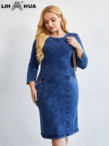 LIH HUA Women's Plus Size Denim Dress Autumn