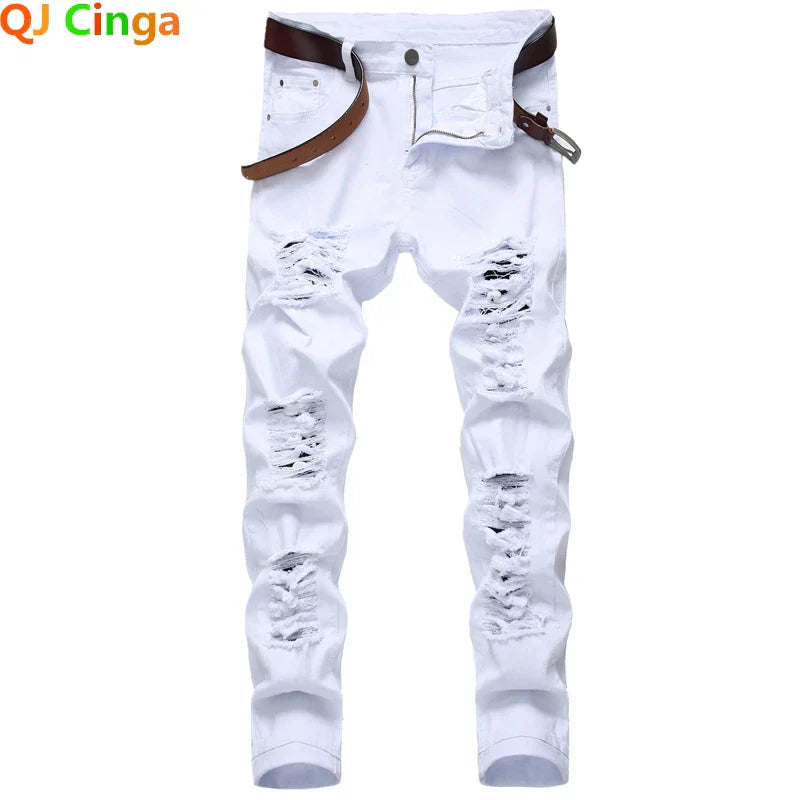 Straight Hole Destruction Trousers Distressed Jeans Men Denim