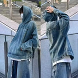 Japanese Denim Hooded Jacket Men Women Loose Casual