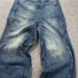 REDDACHIC Wave Patchwork Baggy Jeans Men Brushed Blue