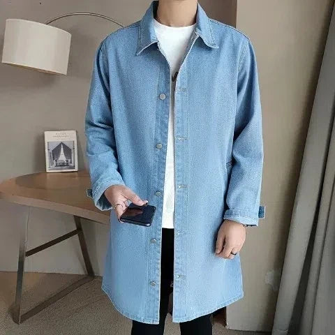 Mid-length Denim Windbreaker Jacket Men Spring Autumn Casual