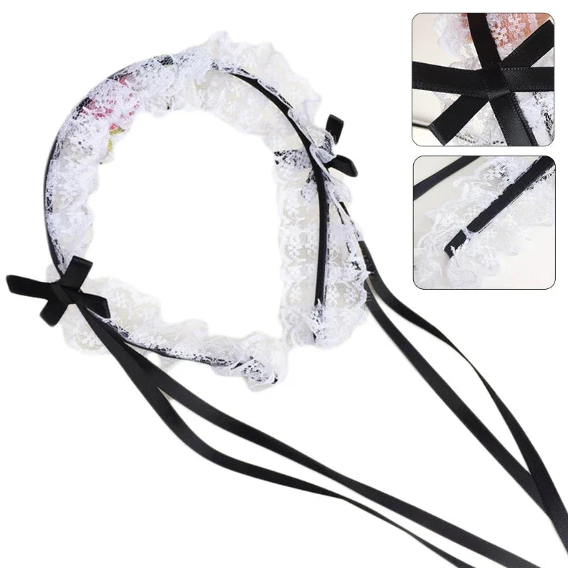 Ruffled Lace Long Ribbon Bowknot Headband Cosplay Headdress