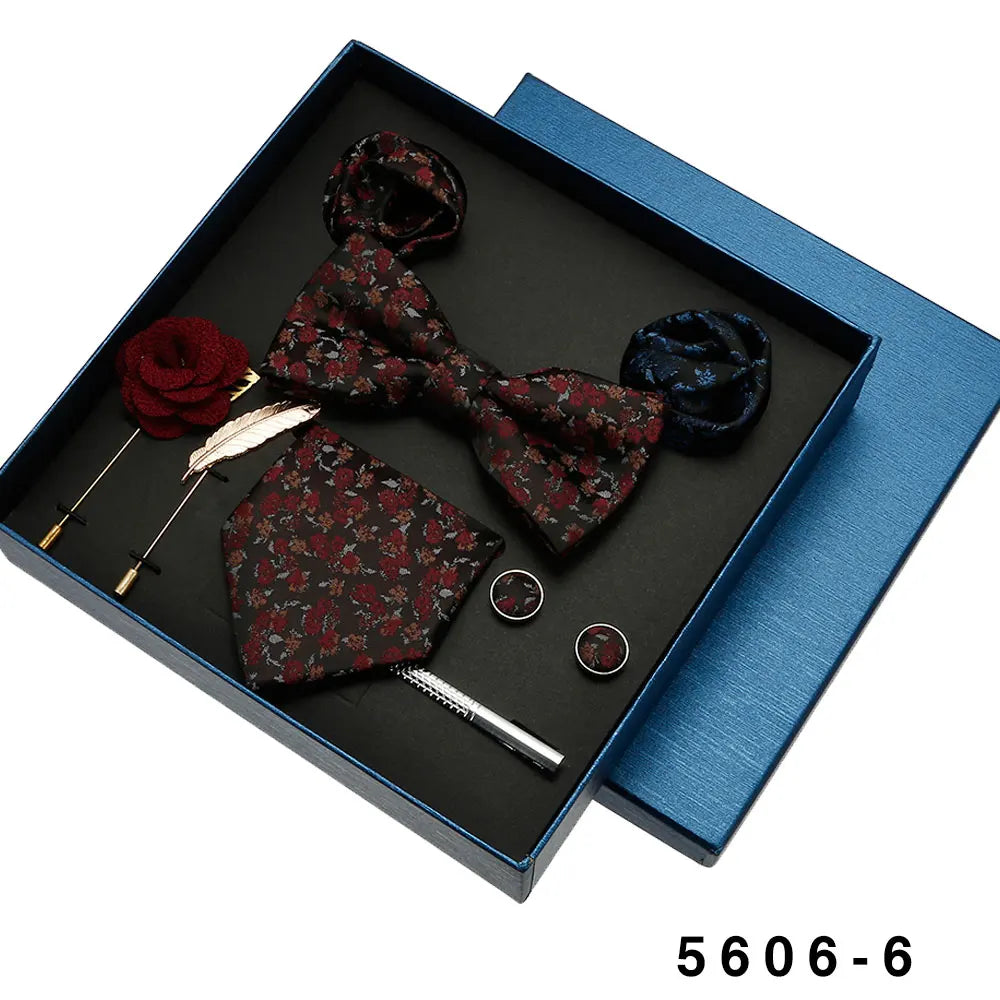 Black Mens Neck Tie Gift Set Bowtie Pocket