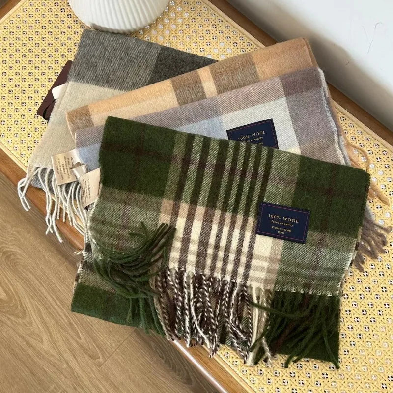 Men Scarf 100 Wool Plaid Warm Soft Muffler