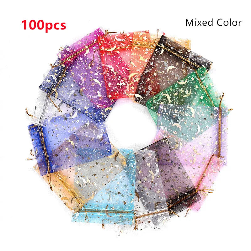 100pcs Moon Star Organza Drawstring Gift Bags 7x9cm Jewelry Packaging Pouches