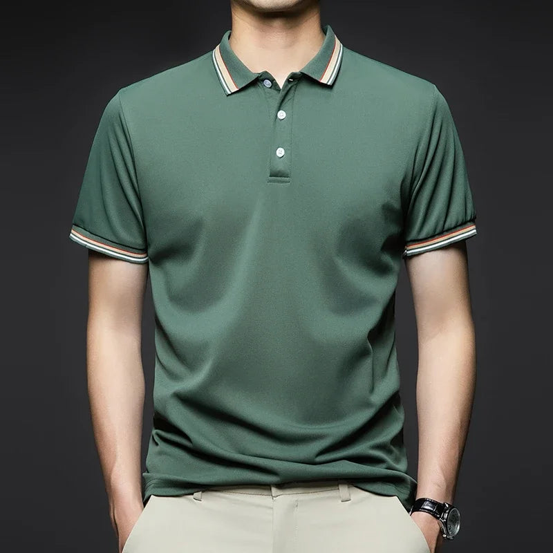 Men's Fashion Solid Short Sleeved Striped Lapel Polo