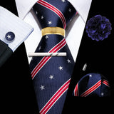 Barry.Wang Silk Mens Tie Hanky Cufflinks Clip Brooch