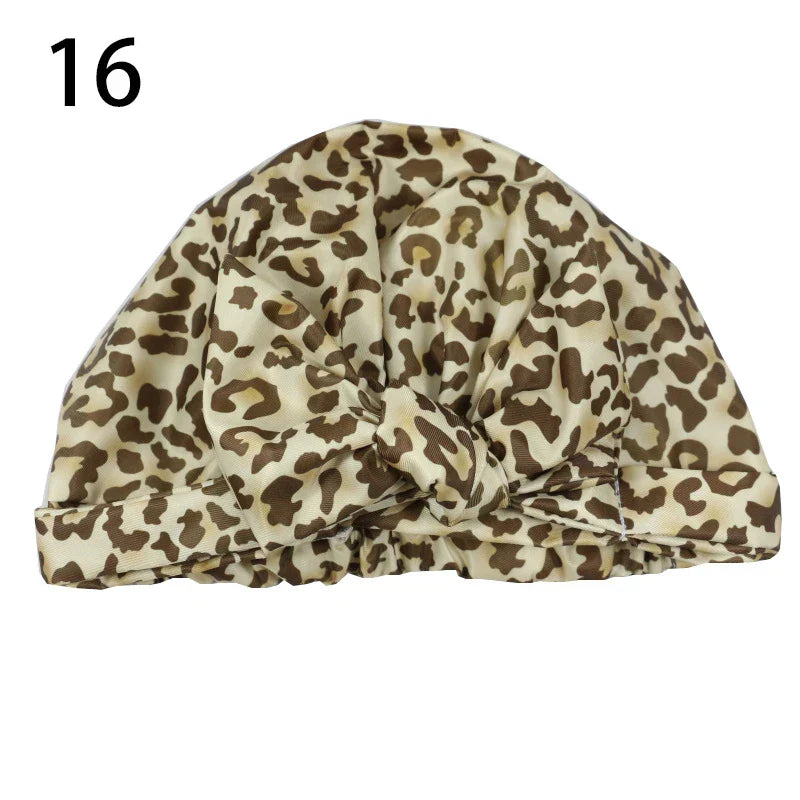 Waterproof Leopard Print Cap Elastic Bow Nightcap Women