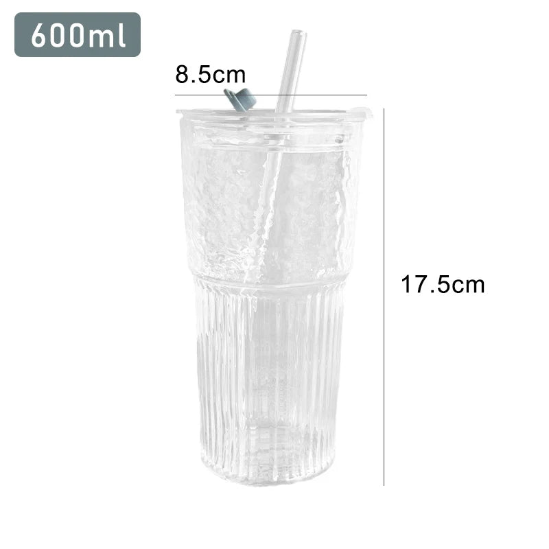 2pcs 600ml Stripe Glass Cup with Lid and