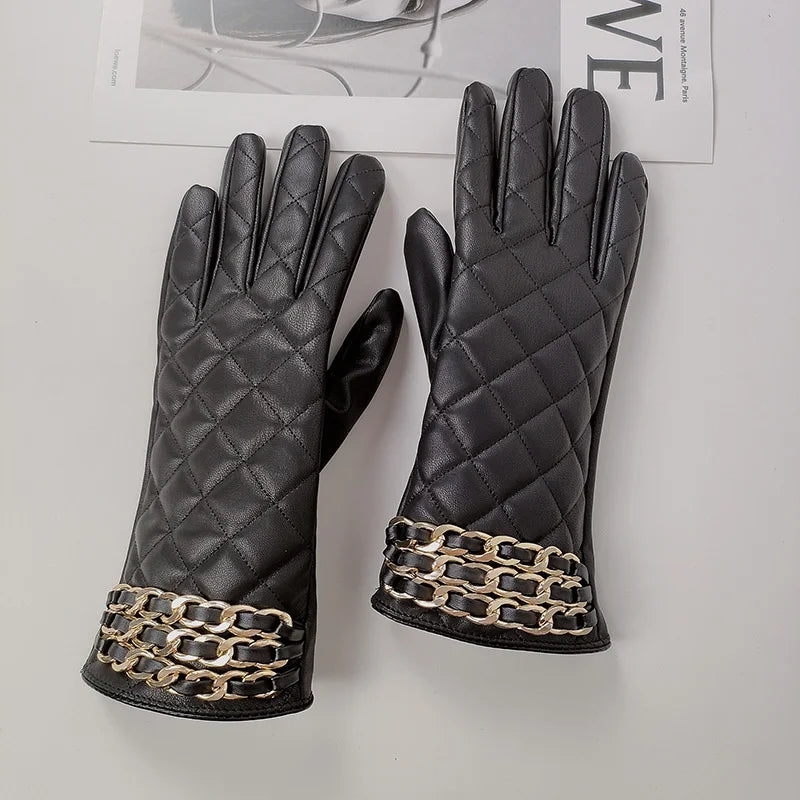 Fashion Chain Women' PU Leather Gloves Winter Warm