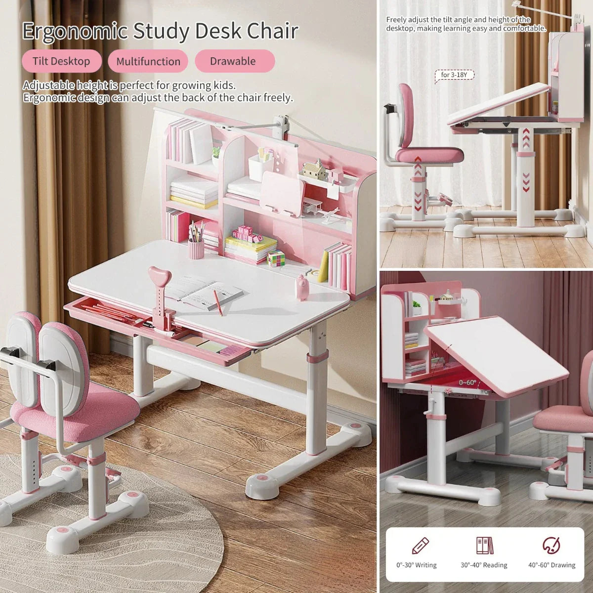 Kids Study Desk and Chair Set, Height Adjustable