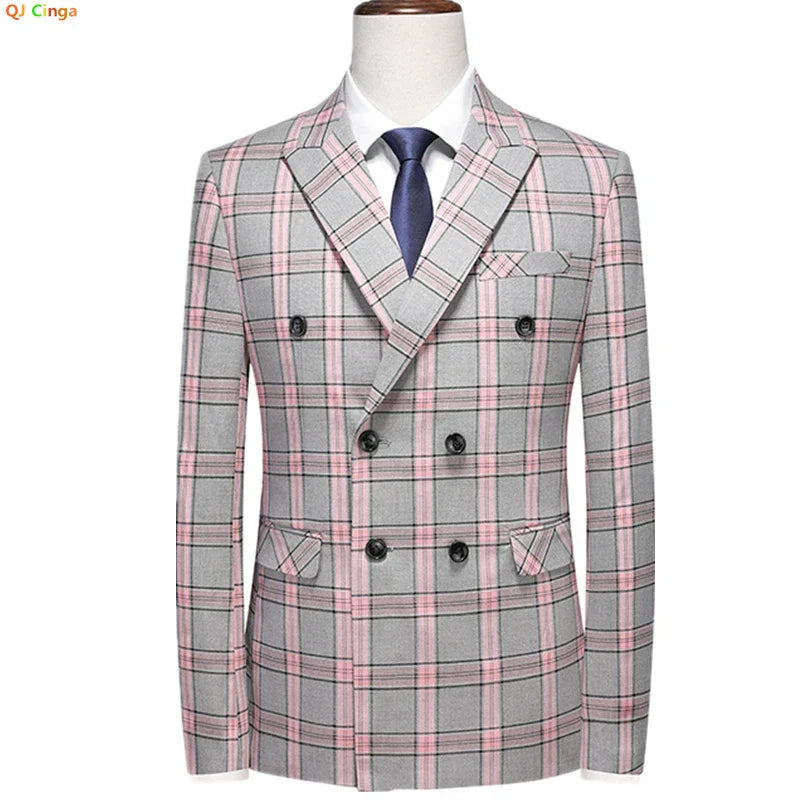 Red Striped Plaid Suit Jacket Men's Double Breasted