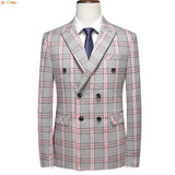 Red Striped Plaid Suit Jacket Men's Double Breasted