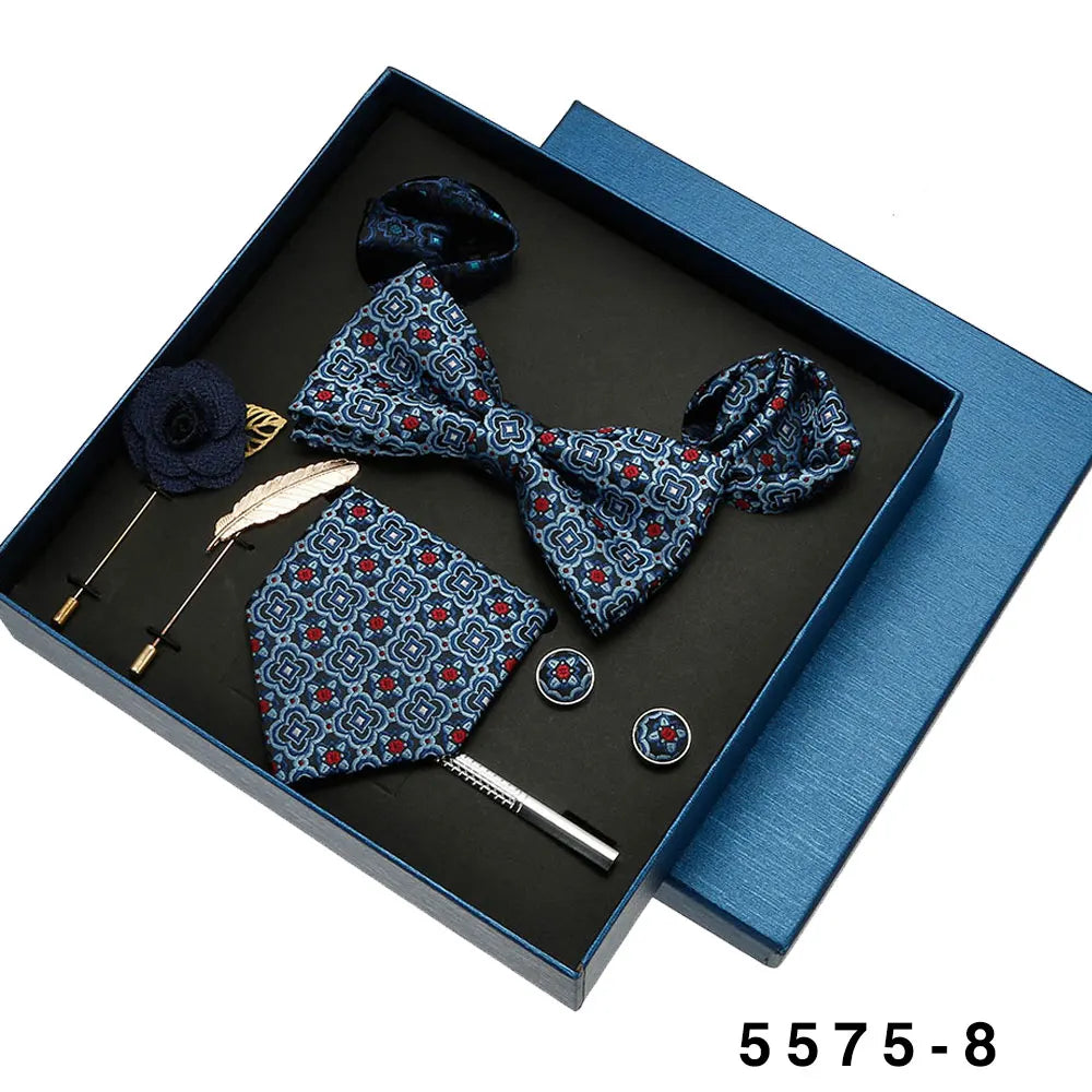 Black Mens Neck Tie Gift Set Bowtie Pocket