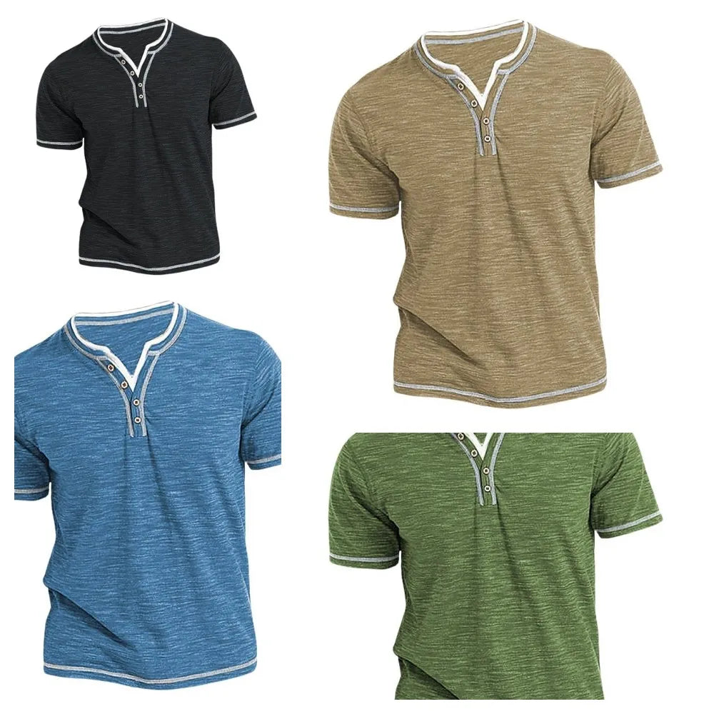 Men's Plain Henley Shirt Round Neck T-shirt Summer