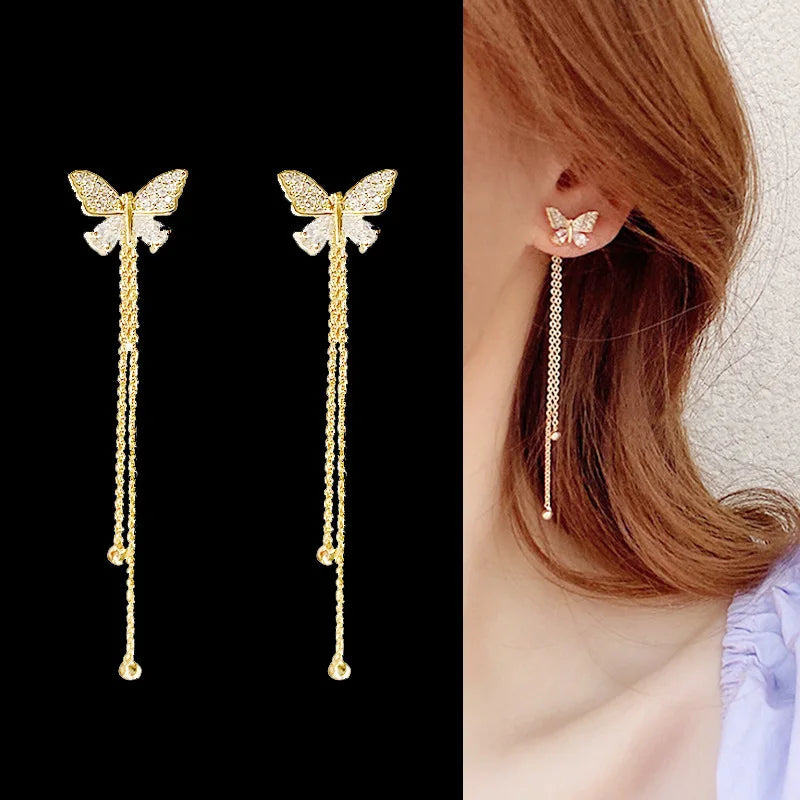 Butterfly Crystal Long Tassel Dangling Earrings For Women