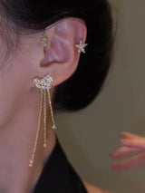 Fashion Sparkling Long Tassel Crystal Stars Ear Clip