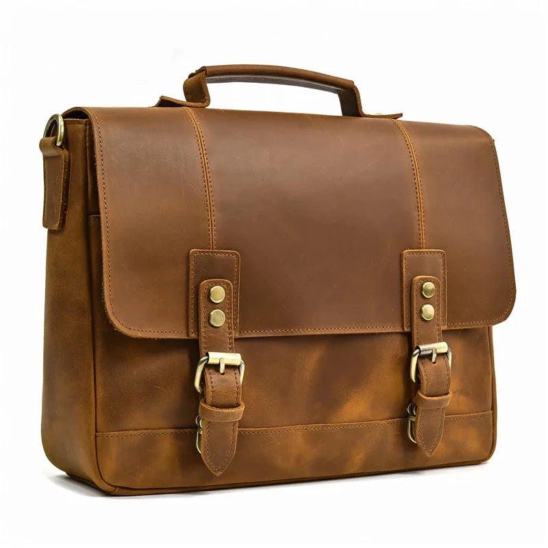 Men Leather Briefcase Bag 14" Computer Laptop s Thick Cow Skin Business Vintage Style Male Daily Working Totes