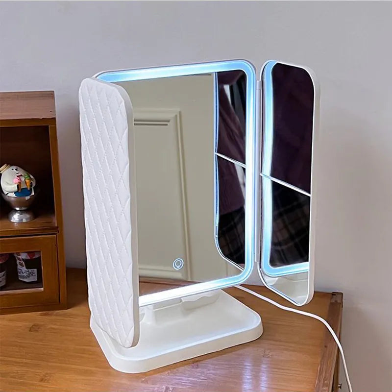 Trifold Makeup Mirror LED Lights Dorm Dressing Mirror