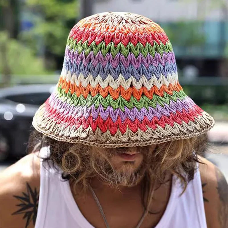 Spring Summer New Rainbow Woven Straw Hat Bucket