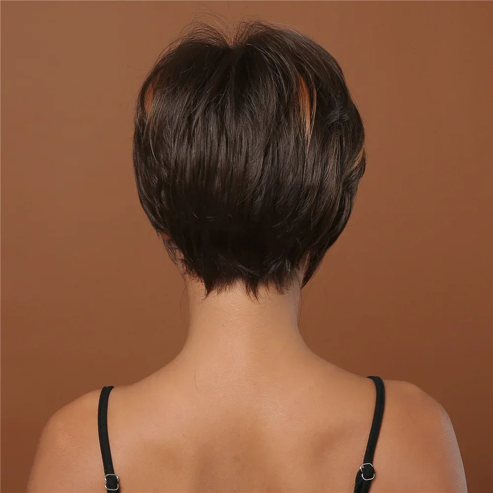 Short Pixie Cut Wig with Highlight Straight Chocolate