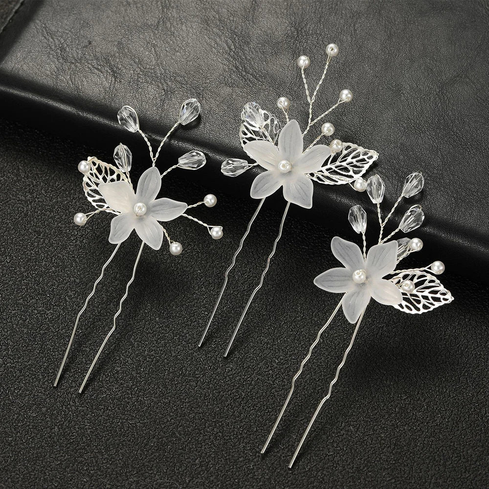 3pcs White Flower U Shaped Hairpin Pearl Elegant