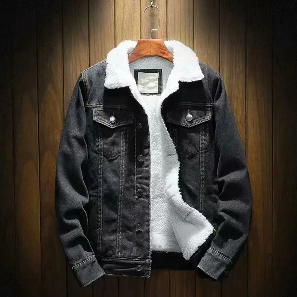 Men Jean Jacket Thicken Lamb Cashmere Lining Solid