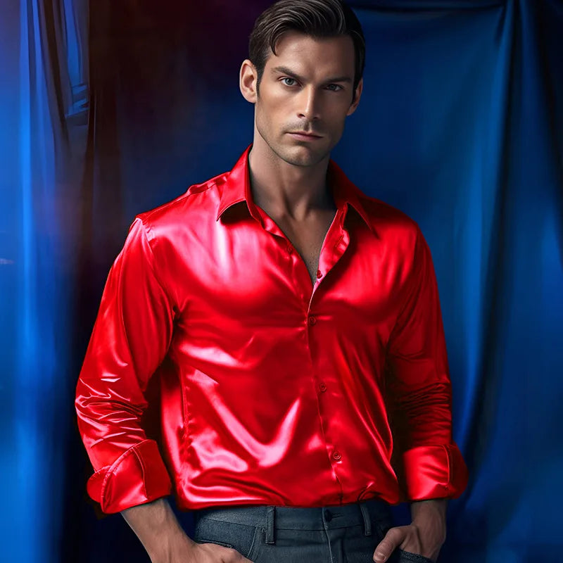 Mens Satin Silk Dress Shirt Long Sleeve Slim