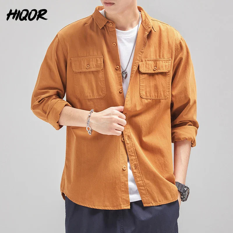 HIQOR New Mens Vintage Shirt Male Lone Sleeve