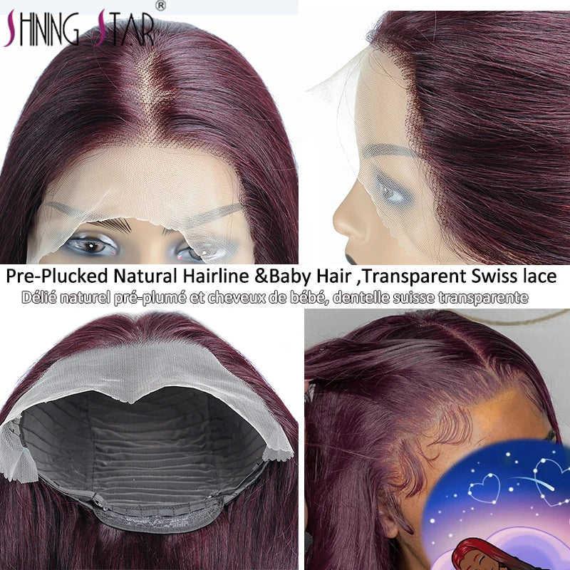 Peruvian Burgundy 13×6 Lace Front Wig 99J Red Colored Straight 13x4 Lace Frontal Wig Human Hair Pre-Plucked Transparent Lace Wig