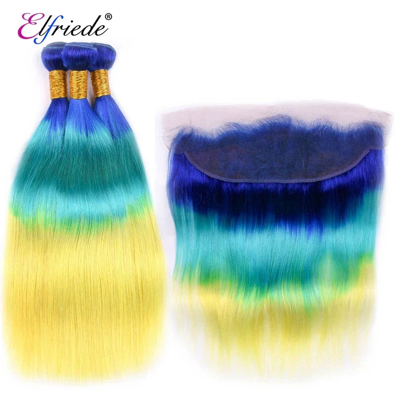 Elfriede BlueGreenYellow Straight Ombre Colored Hair Bundles with