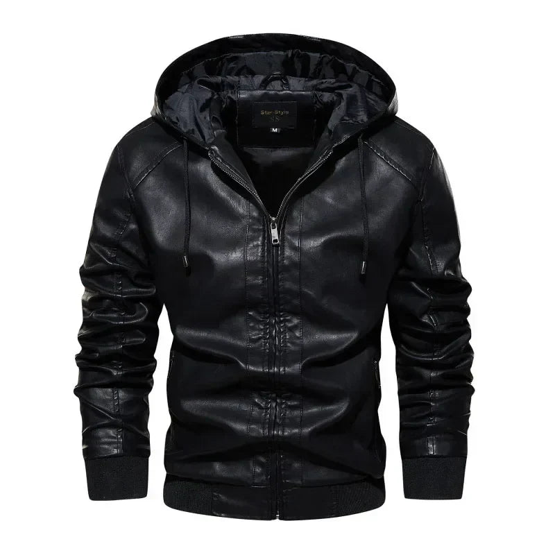 Autumn Men's Hooded Leather Motorcycle Jacket Fashion Slim