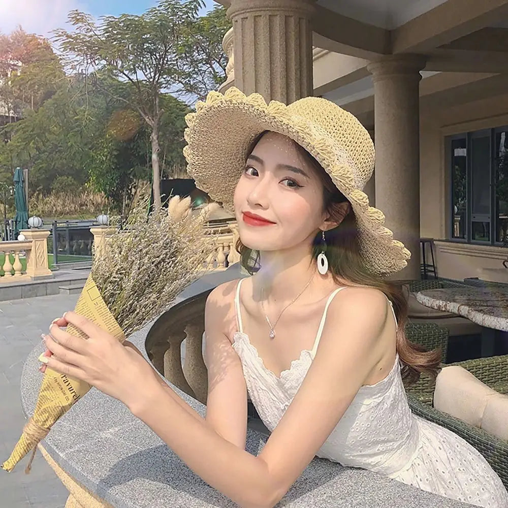 Wide Brim Straw Hat Foldable Big Lace Bow
