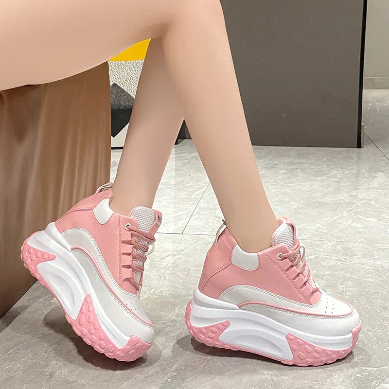 Women Platform Breathable Leather Shoes New Autumn Chunky Sneakers 10CM Wedge Hidden Heels Leisure Sports Casual Dad Shoes Woman