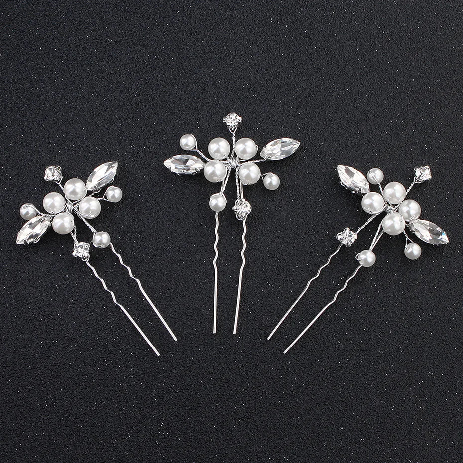 3pcs White Flower U Shaped Hairpin Pearl Elegant
