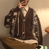Men Casual Sweater Set Vintage Checkerboard Cardigan+Striped Long