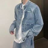 Men's Casual Washed Denim Jacket Streetwear Ripped Stand