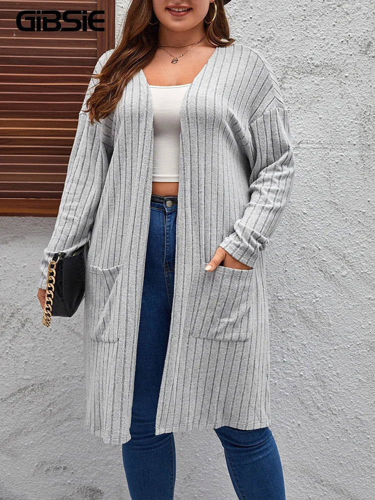 GIBSIE Plus Size Solid Rib Knit Open Front