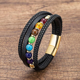 Stainless Steel Genuine Men‘s Leather Bracelet Natural Chakra Stone Bead Bracelet Trendy Designer Luxury Man Bracelet Jewelry