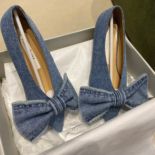 2023 New Designer Blue jeans bow flat shoes