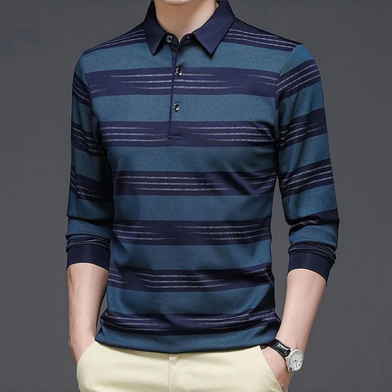 Spring Autumn Men Striped Long Sleeve Polo Shirts