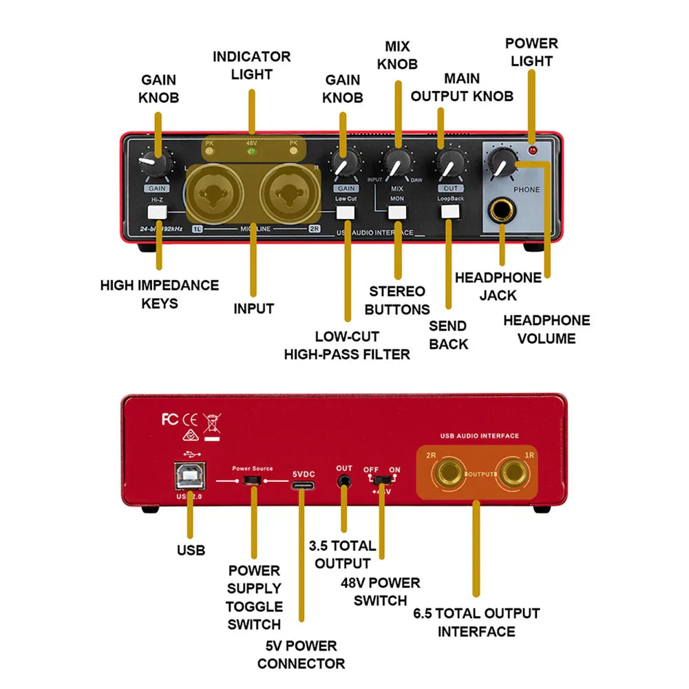 MD22 Recording Sound Card 48V Phantom Power 24-bit/192