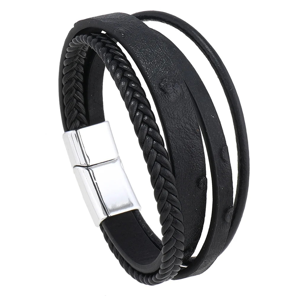 Trendy Leather Bracelets Men Stainless Steel Multilayer Braided